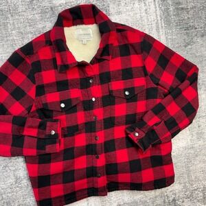 Lucky Brand Shirt Jacket Womens Large Red Buffalo Check Sherpa Lined Shacket